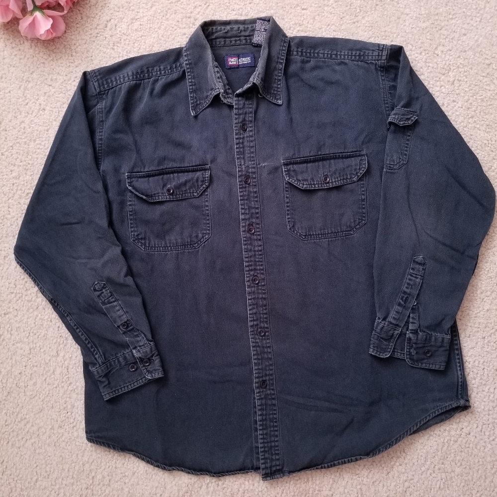 Men's Distressed Black Collared Button Up Long Sleeve Shirt